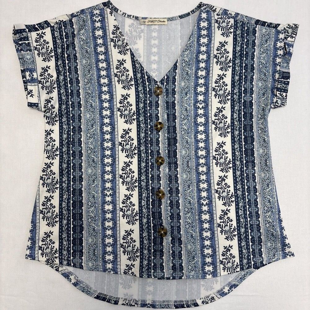 FLT Studio top Womens Medium Blue White Floral Button Front Casual Sleeve